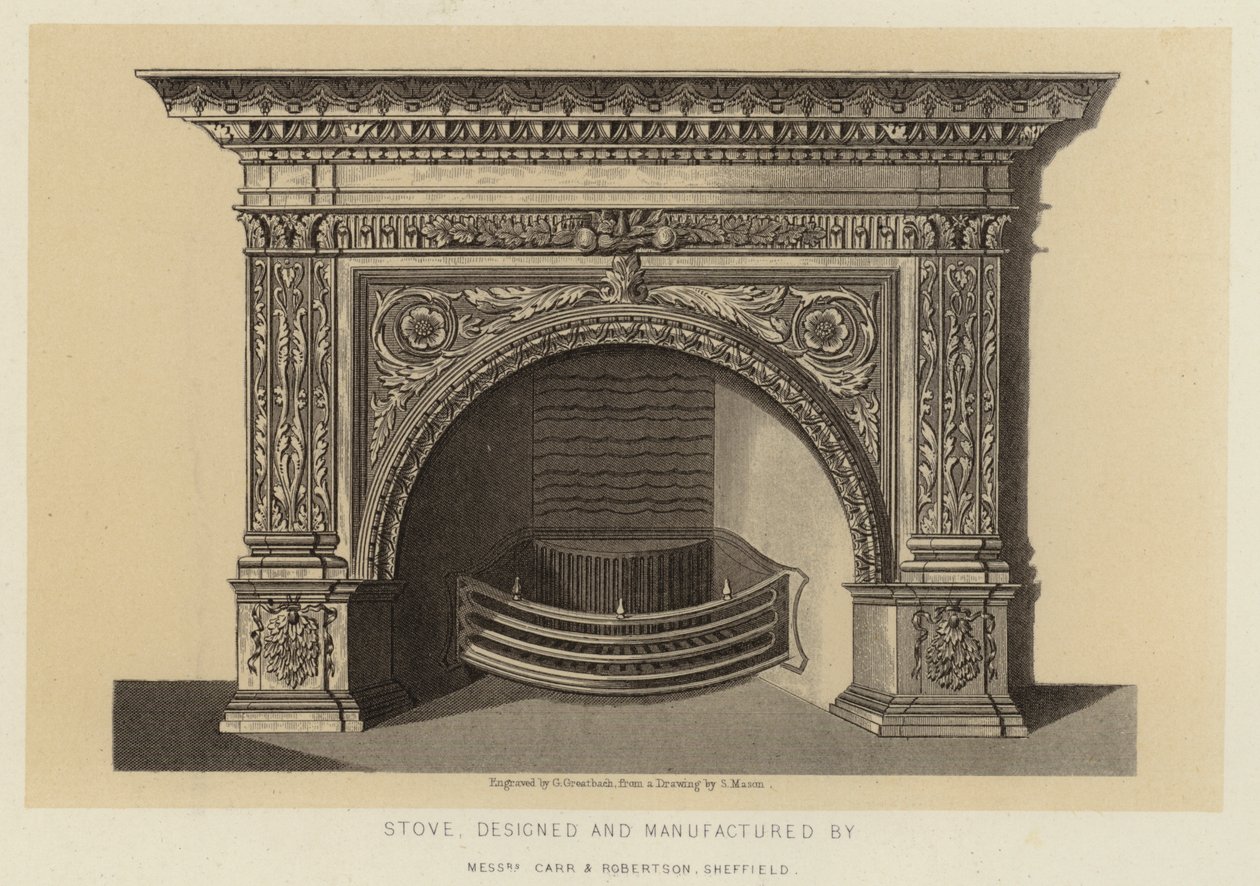 Kályha, tervezte és gyártotta Carr és Robertson Sheffield (litográfia) alkotó: English School