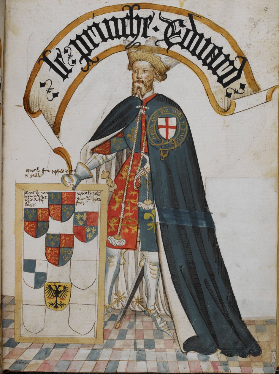 Stowe 594, f.14 Edward walesi herceg [a Fekete Herceg], a Harisnyakötő Rend lovagja portréja, a Harisnyakötő Rend Fegyvereinek Képes Könyvéből (William Bruge Harisnyakötő könyve) c .1430-40 (vellum) alkotó: English School