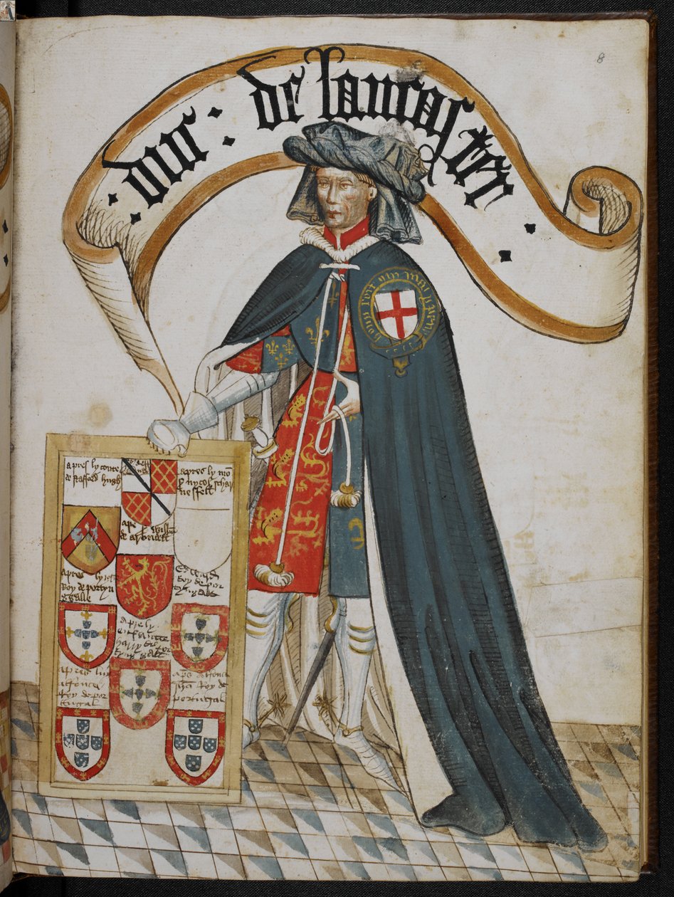 Stowe 594 f.8, Henrik portréja, Lancaster hercege, a Harisnyakötő Rend lovagja, illusztráció a „William Bruges