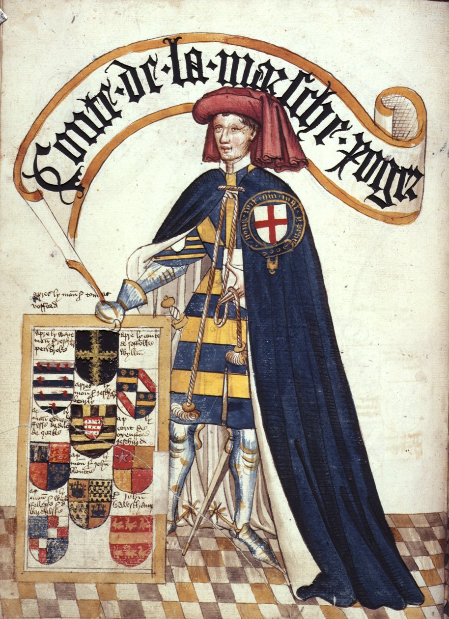 Stowe 594 fol.15v Roger Mortimer (1328-1360) Március 2. grófja harisnyaköpenyben, "William Bruges