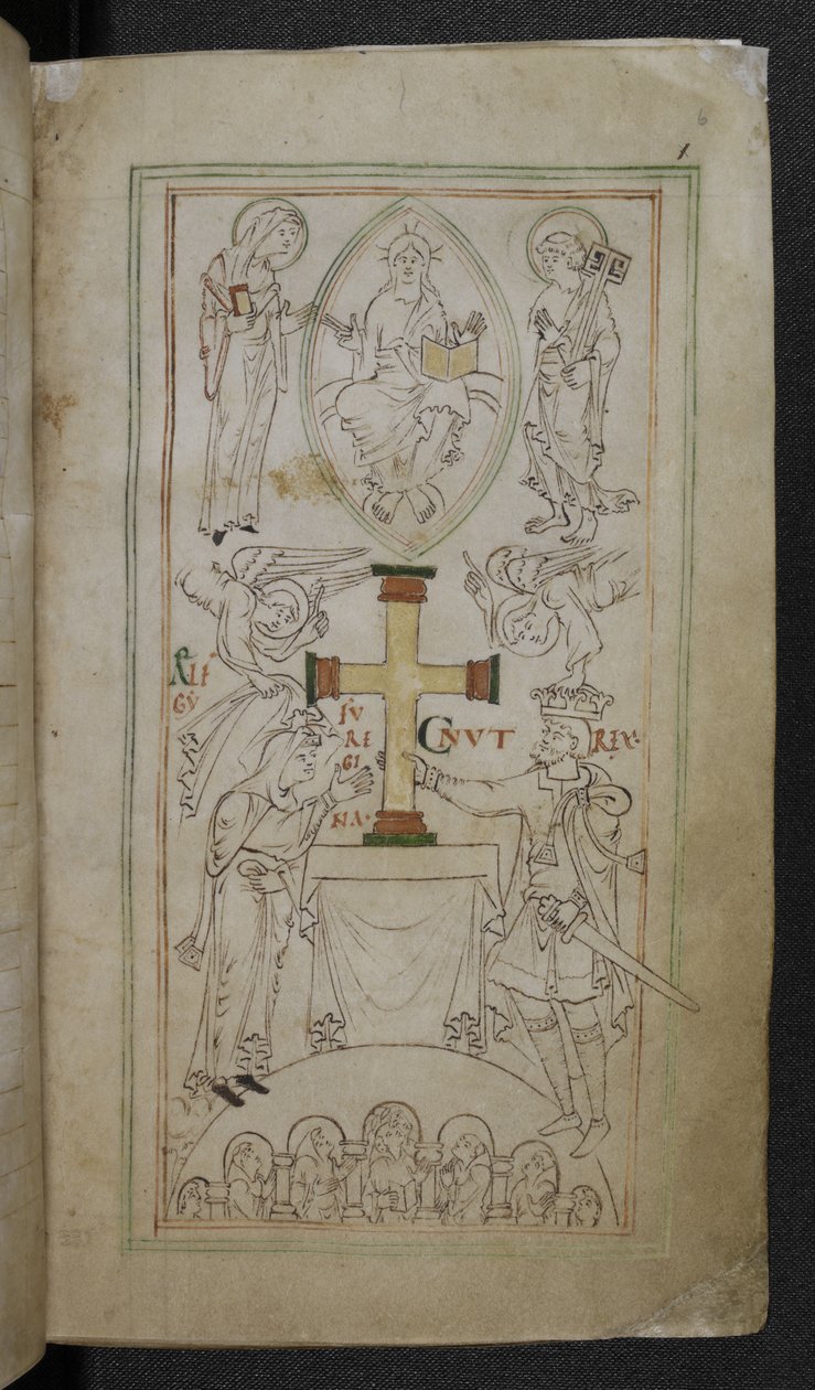 Stowe 944 f.6 Cnut király és királynője, Aelfgyfu, keresztet mutatnak be az Új Minster oltárán, „Liber Vitae”, 1031 körül (tinta pergamen) alkotó: English School