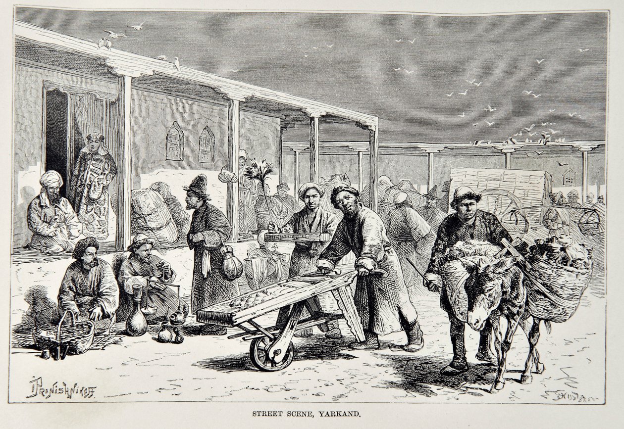 Utcai jelenet, Yarkand, Illusztráció az Egyetemes Földrajzból, a Föld és lakói Elisee Reclustól, megjelent 1878 alkotó: English School