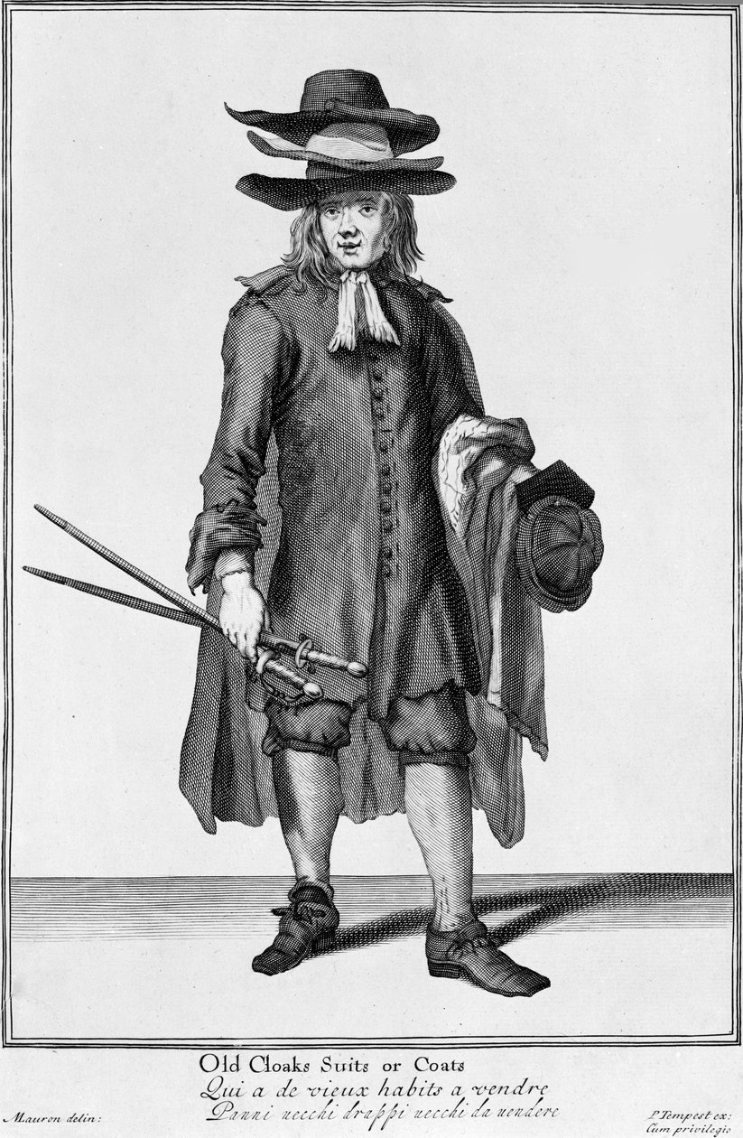 Utcai árus, aki régi köpenyeket, öltönyöket és kabátokat árul, 1666 alkotó: English School