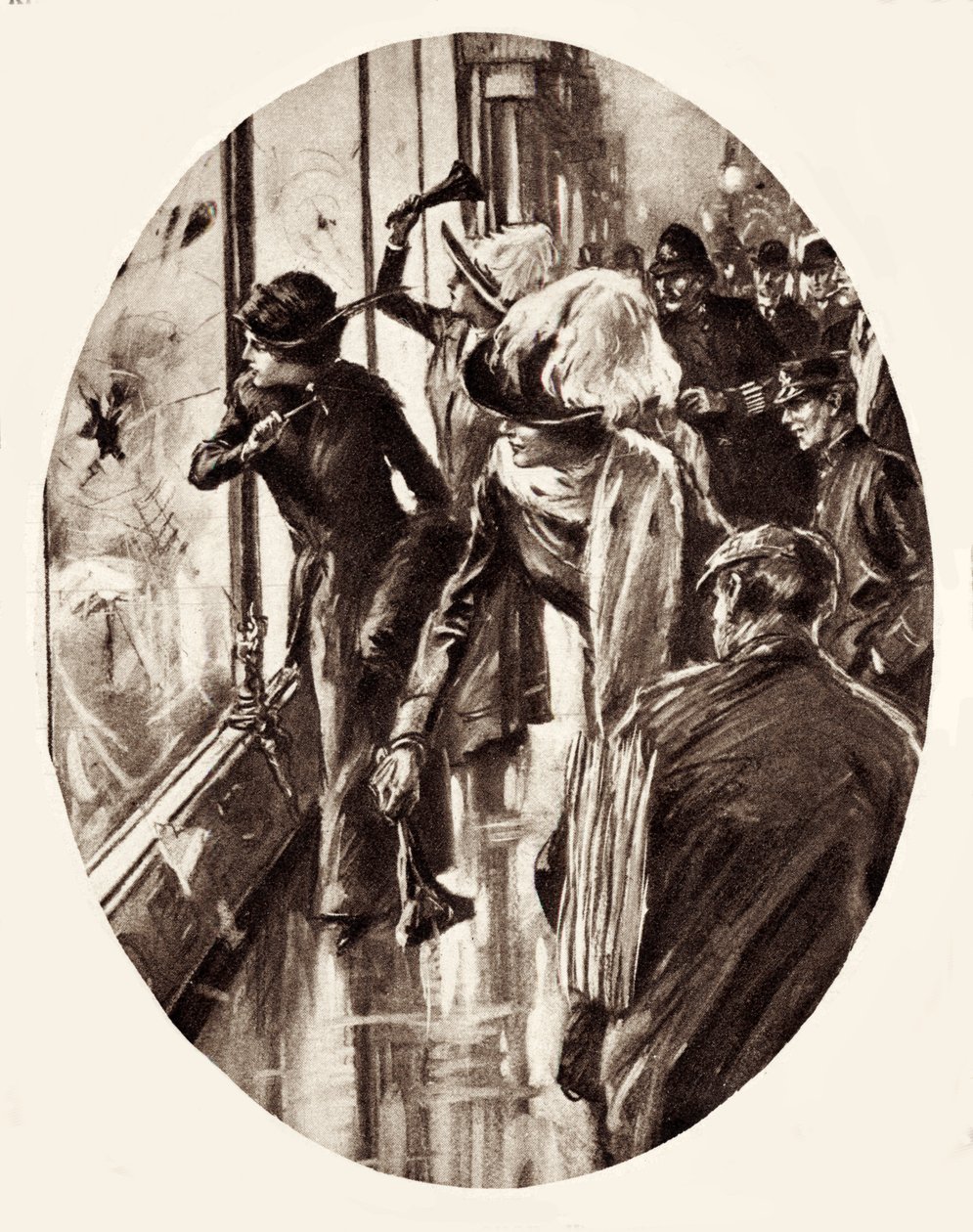 Szufragett-rajz nőkről, akik kirakatokat törnek be Londonban, 1912 márciusában (metszet) alkotó: English School