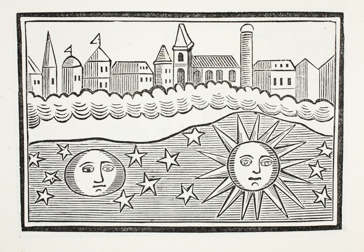 Nap, Hold, csillagok és Föld átültetett, illusztráció a Chap-books of the Eightenth Century, John Ashton, pub. 1882 alkotó: English School