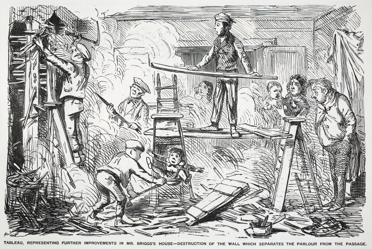 Tableau, amely a Mr. Briggss ház további fejlesztéseit ábrázolja - a fal lerombolása, amely elválasztja a szalont az átjárótól, illusztráció a Punchból alkotó: English School