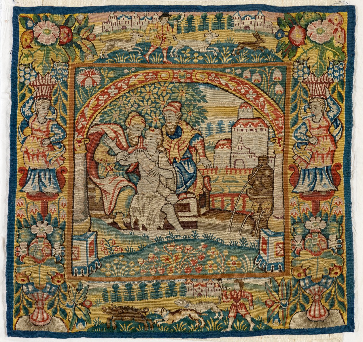 Tapestry cushion cover depicting Susannah at the Bath (one of set of six Sheldon Tapestries, 47.9 to 47.14), made in Sheldon, England, if genuine alkotó: English School