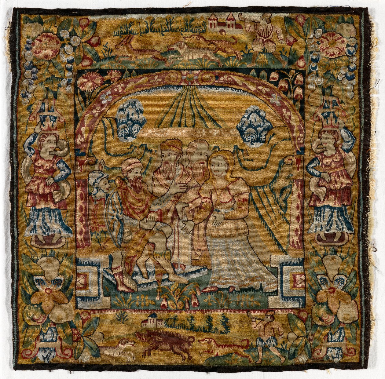 Gobelin párnahuzat Susannah Judge előtt, készült az angliai Sheldonban, 1600 után (gyapjú) alkotó: English School