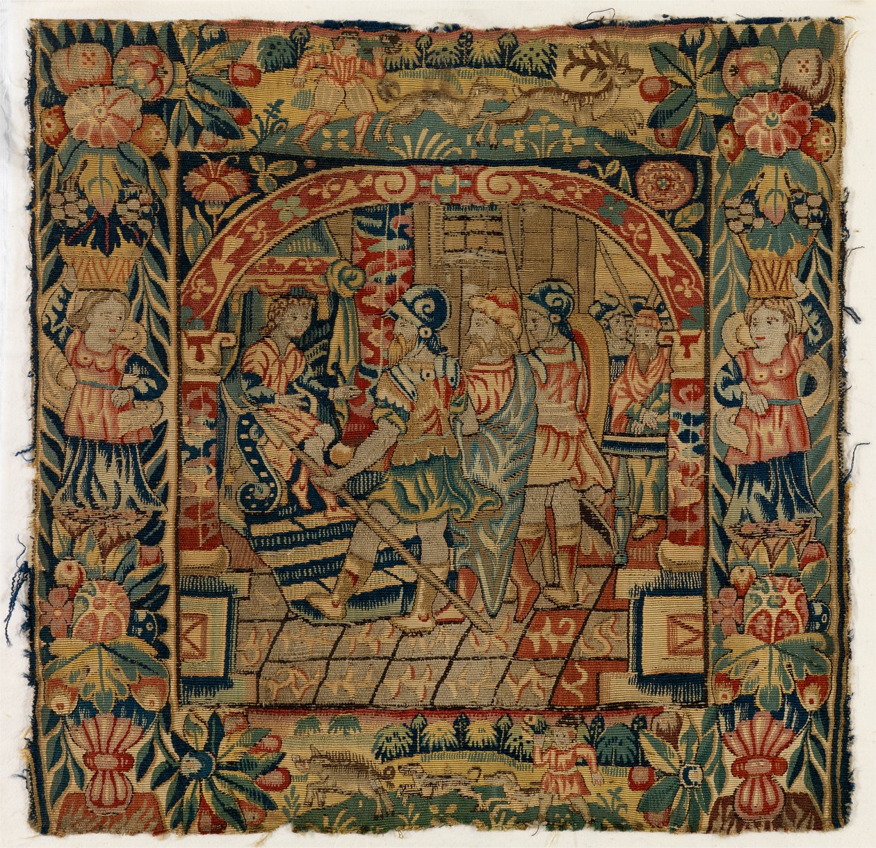 Gobelin párnahuzat, amely az öregeket Daniel előtt ábrázolja, az angliai Sheldonban készült, 1600 után (gyapjú) alkotó: English School