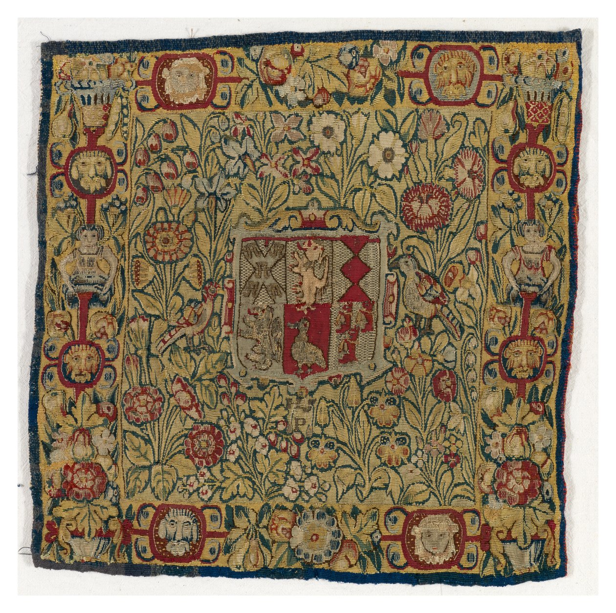 Gobelin párnahuzat, amely Sacheverell fegyvereit ábrázolja, az angliai Sheldonban készült, 1600 után (gyapjú és selyem) alkotó: English School