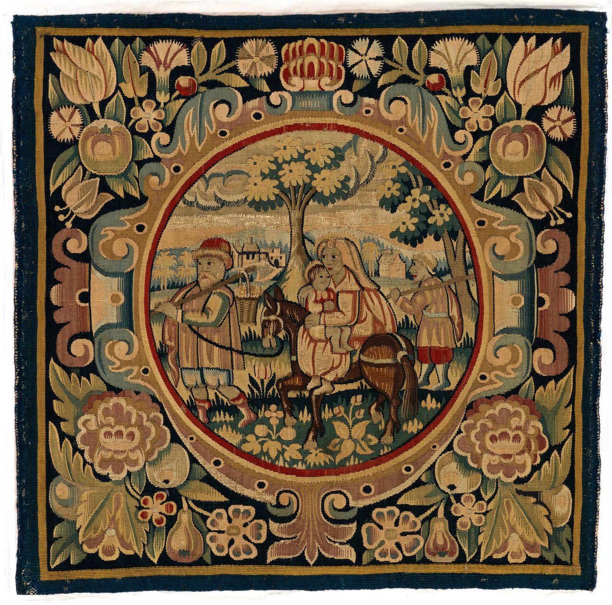 Tapestry cushion cover depicting the Flight into Egypt, made possibly in Sheldon, England, early 17th century (wool) alkotó: English School
