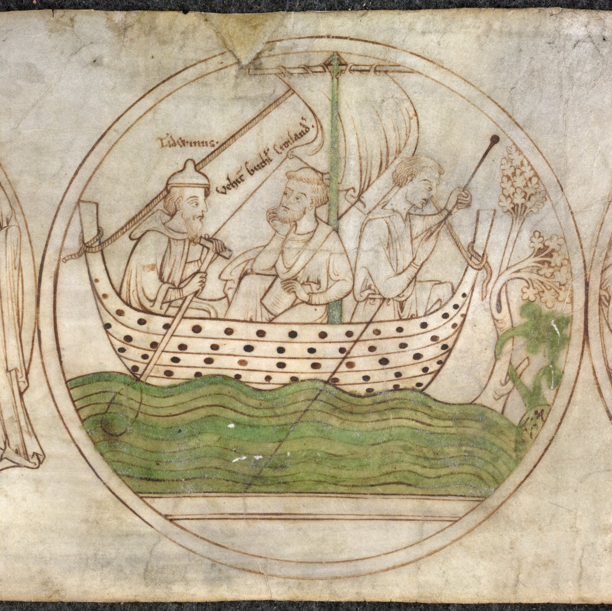 Tatwin hajóval szállítja Guthlacot Crowlandba, a „Guthlac Roll” c.1210-ből (vellum) alkotó: English School