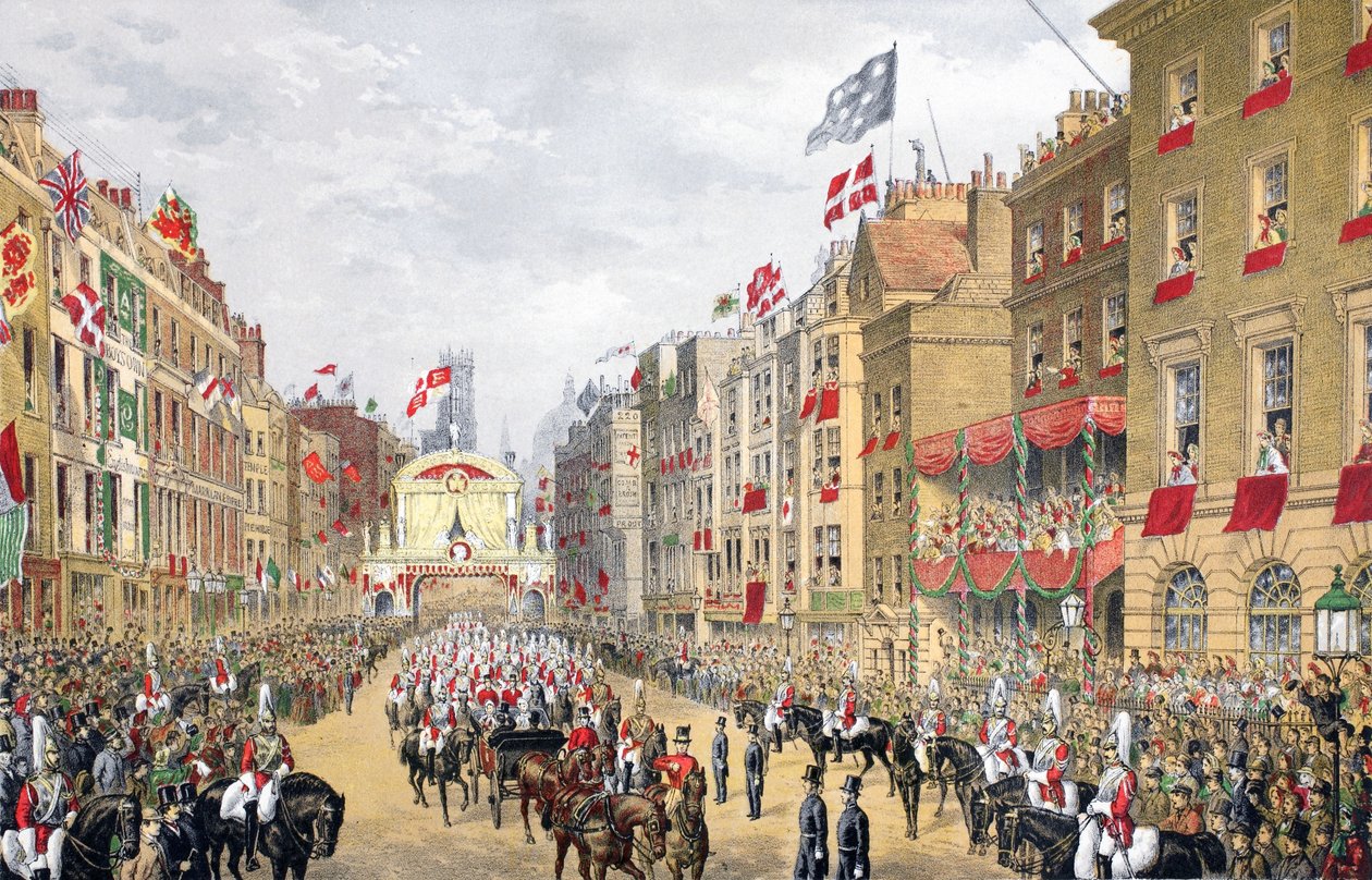 Temple Bar, 1863. március 7., VII. Edward és a dán Alexandra házasságának emlékműve, pub. 1864 alkotó: English School