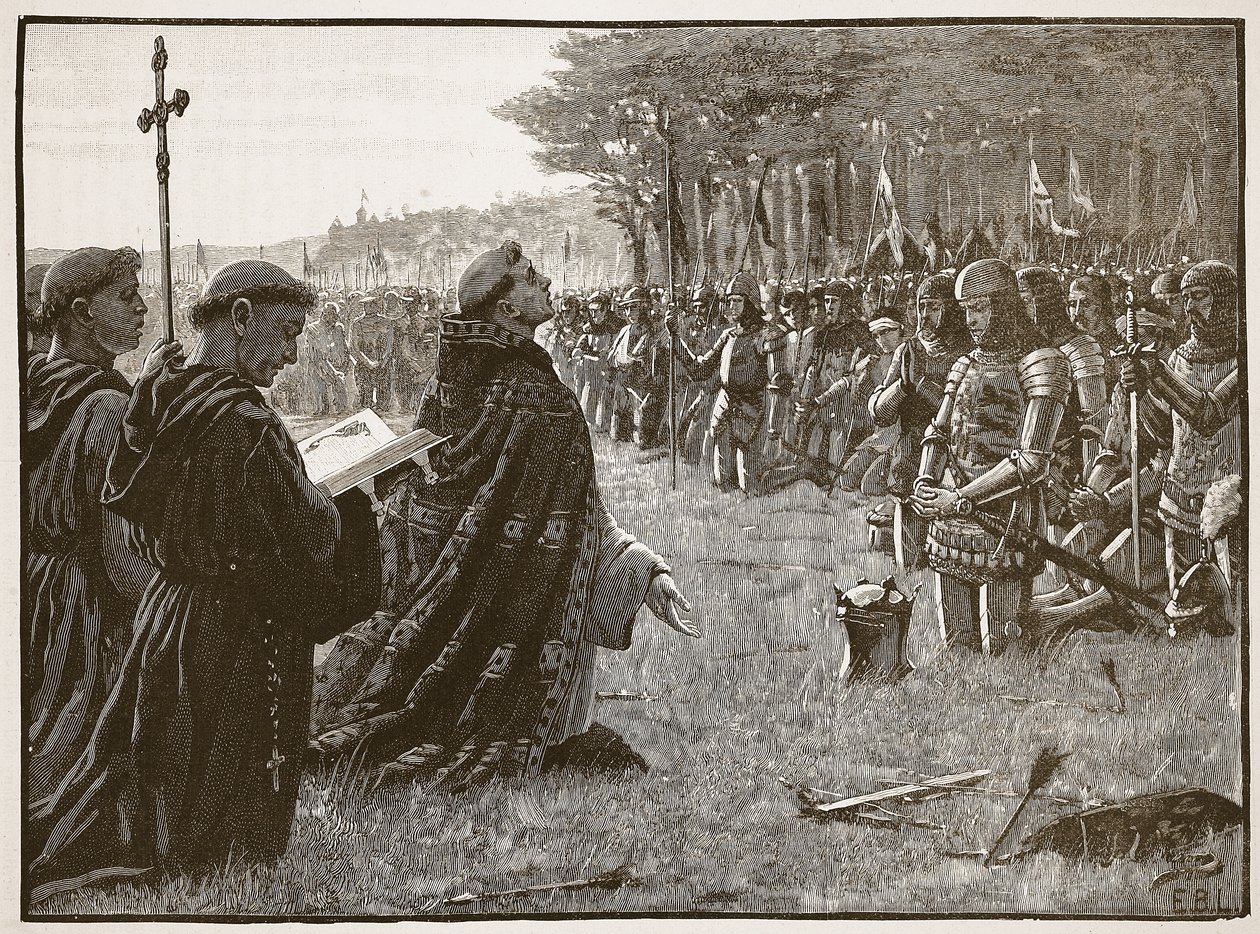 Az angol hadsereg hálaadása az agincourti csata után, 1415. október 25., illusztráció: Cassells Illustrated History of England (szépia fotó) alkotó: English School
