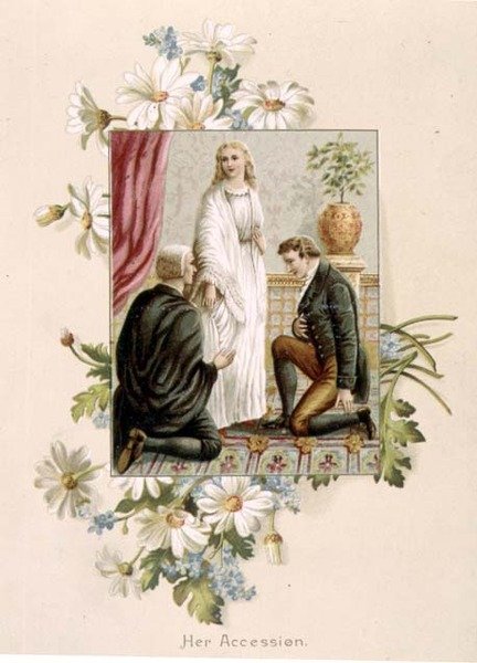 Viktória királynő trónra lépése, 1837. június 20., illusztráció Mrs Craik "Ötven aranyév" című művéből, kiadó: Raphael Tuck. alkotó: English School