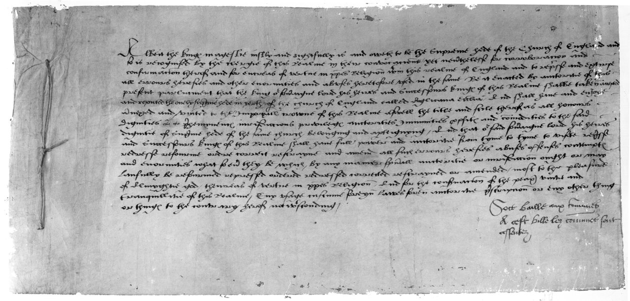 A felsőbbrendűségi törvény, amely VIII. Henriket az angliai egyház fejeként ismeri el, 1534 (tinta papíron) alkotó: English School