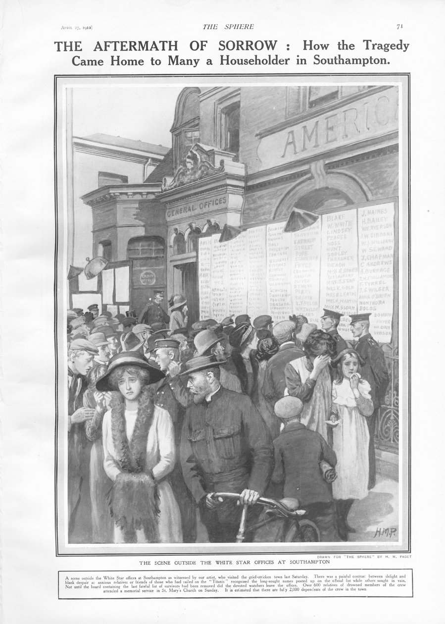 A szomorúság utóhatásai: Hogyan érkezett meg a tragédia sok háztulajdonoshoz Southamptonban, a The Sphere-ből, 1912. április 27. alkotó: English School