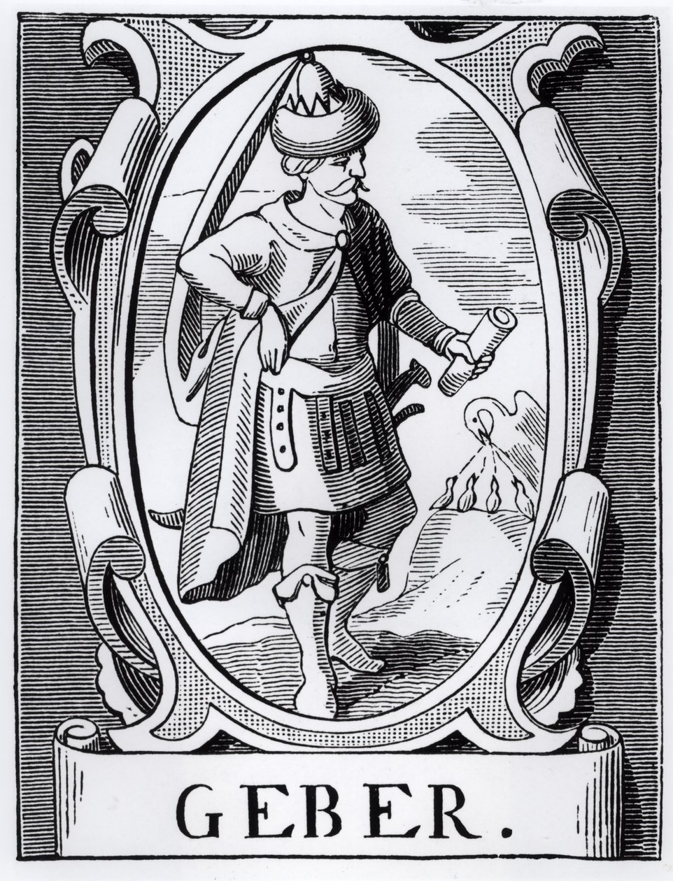 Az alkimista Geber (14. század) illusztrációja a Tudomány és irodalom a középkorban és a reneszánszban, írta és metszett Paul Lacroix, 1878 alkotó: English School