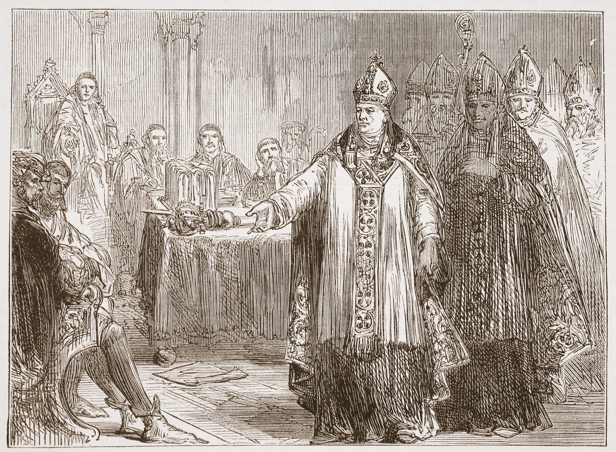 York és Canterbury érsekei a parlament előtt a Westminster Abbey-ben, illusztráció: James Aitken Wylie (1808-1890) A protestantizmus története című könyvéből, pub. 1878 alkotó: English School