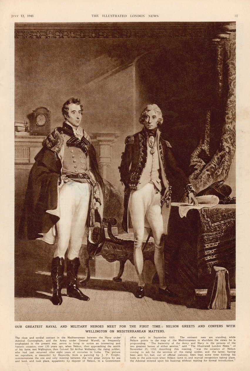 A hadsereg és a haditengerészet: Interjú Arthur Wellesley (1769-1852) Wellington hercege és Lord Horatio Nelson (1758-1805) között a The London Illustrated Newsból, 1941. július 12. alkotó: English School