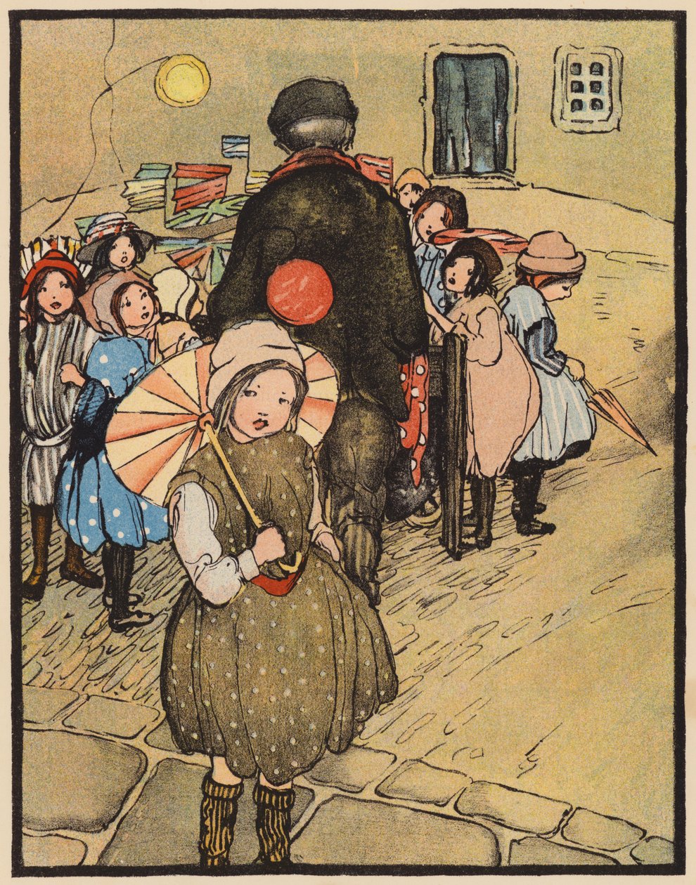 A léggömbös ember a faluba jön (színes litográfia) alkotó: English School
