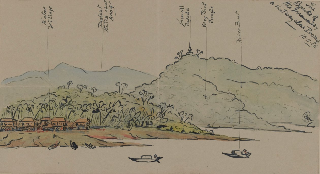 The Banks of the Irrawaddy, Burma, 1886 (wc tollal és tintával papíron) alkotó: English School