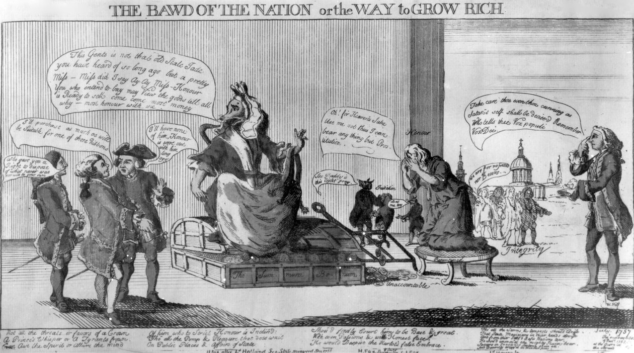 Matthew Darly, 1757, The Bawd of the Nation, avagy a Way to Grow Rich, kiadó alkotó: English School