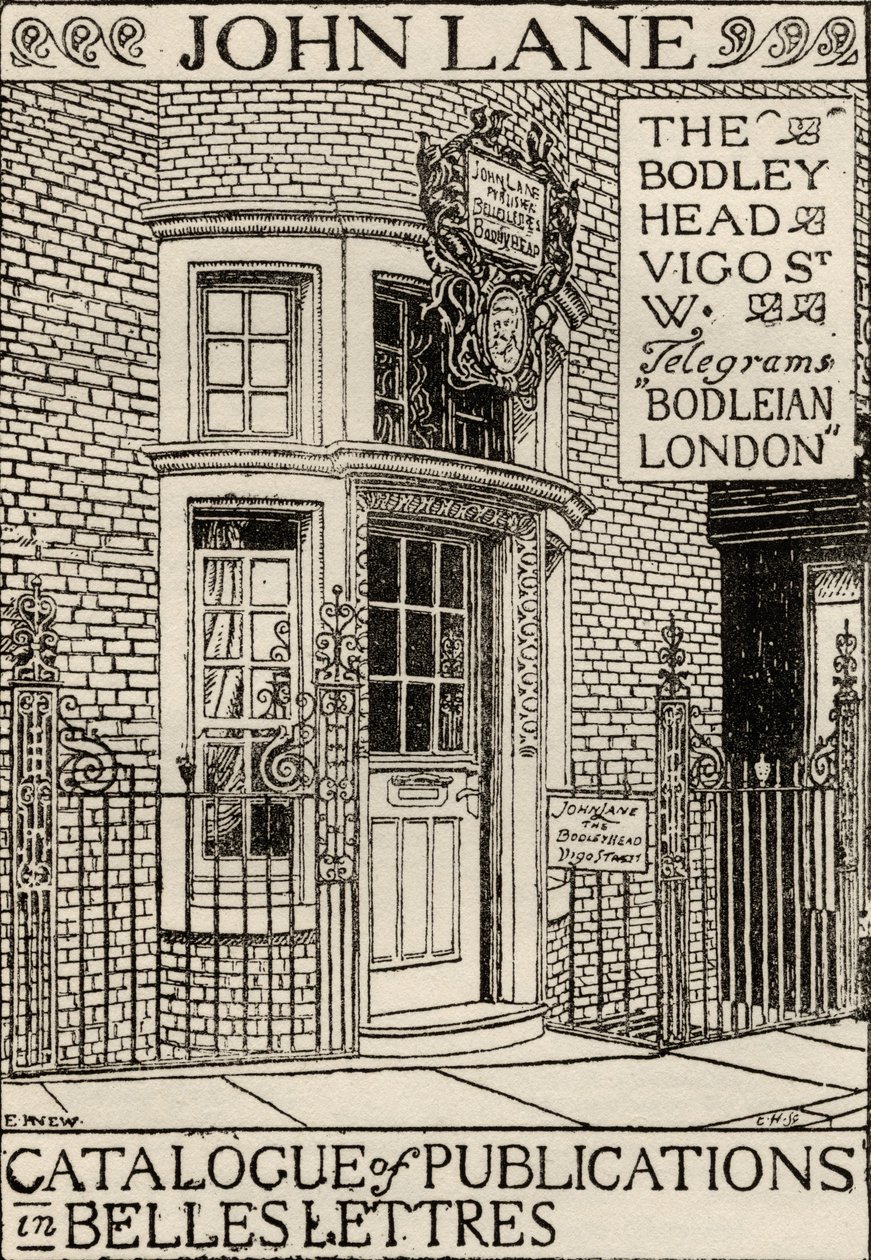 The Bodley Head Publishing House, első borító illusztrációja a Belles Lettres kiadványok katalógusából alkotó: English School