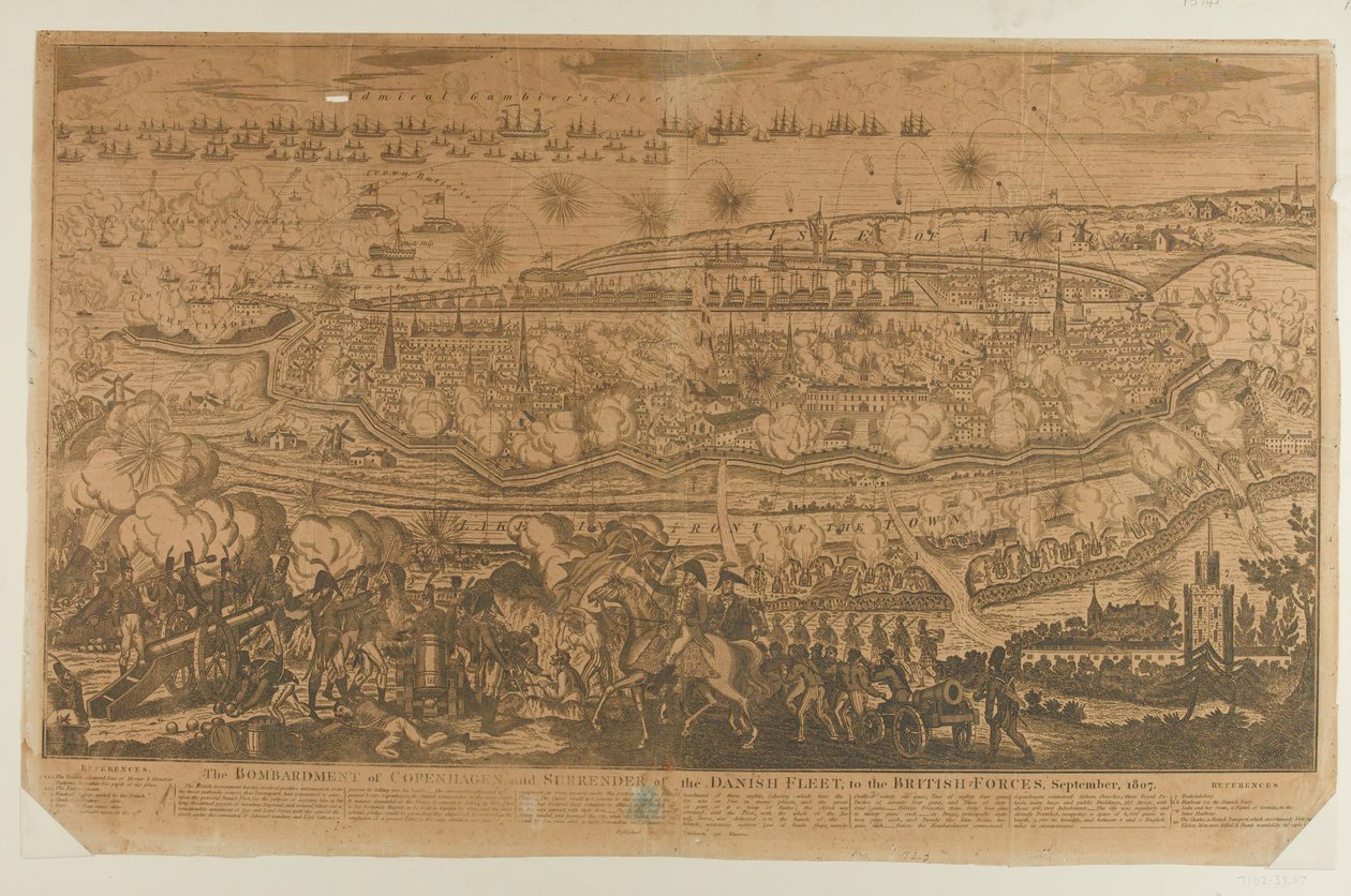 A koppenhágai bombázás és a dán flotta feladása, 1807. szeptember, John Fairburn kiadója 1807-ben alkotó: English School
