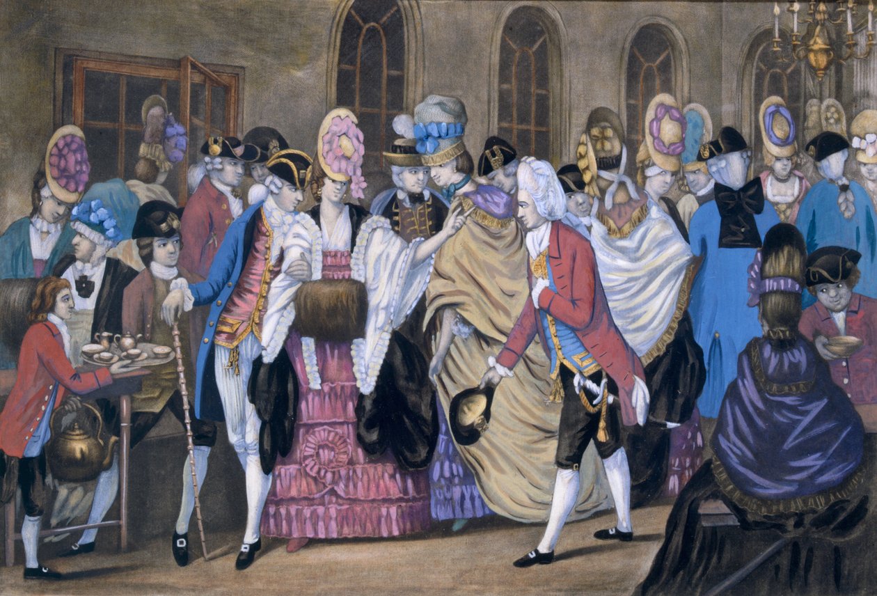 A Kenyér- és Vajmanufaktúra, vagy a Bagnigge Wells-i humor, kocsma. Írta: Carington Bowles, 1772 99: Makaróni stílus; népviselet; tradicionális öltözet; divat; vízforraló; csészék; alkotó: English School