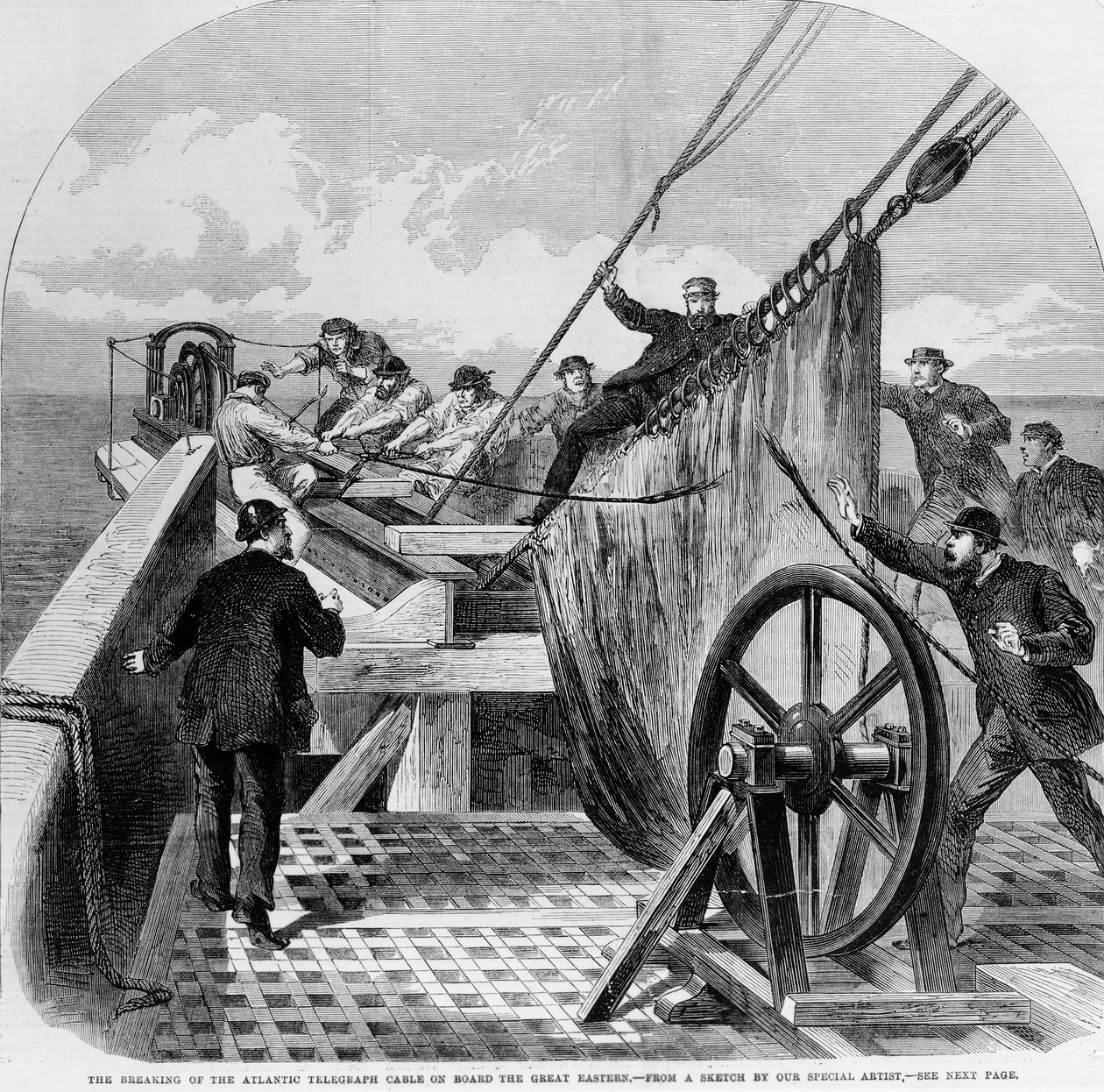 Az atlanti távírókábel szakadása a Great Eastern fedélzetén, 1865 (metszet) alkotó: English School