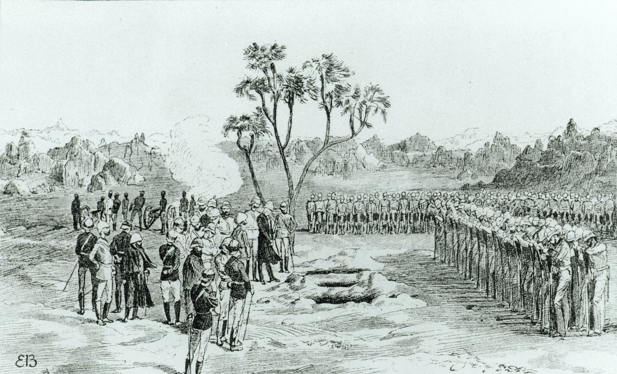 Earle tábornok, valamint Eyre és Coveney ezredesek temetése Kirbekanban, William Francis Butler tábornok A szürkehályog-hadjáratából, 1887-ben. alkotó: English School