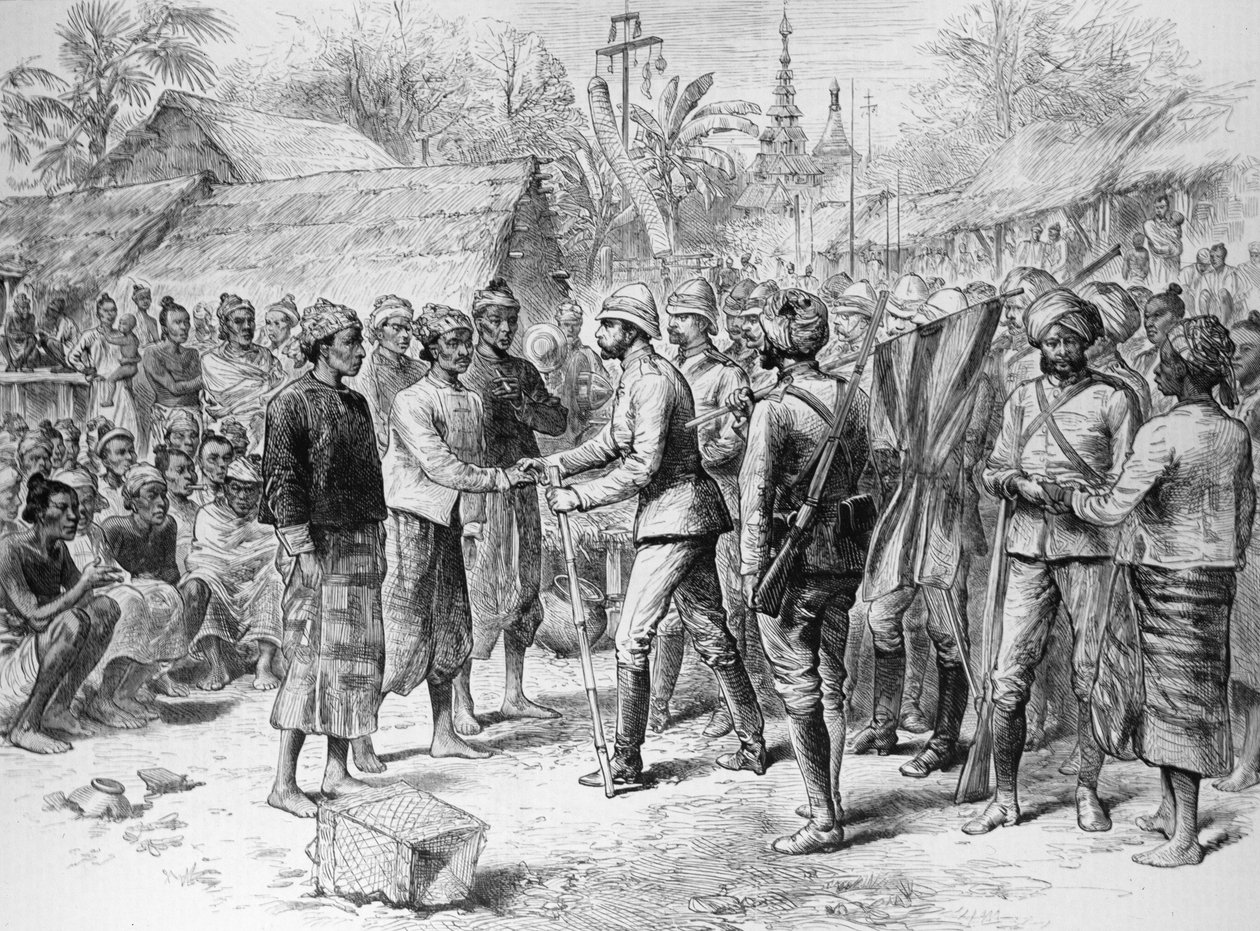 A burmai expedíció: Prendergast tábornok interjúja a burmai hadsereg tiszteivel és maradványaival, a „The Illustrated London News”-ból, 1886. június 3. (metszet) alkotó: English School