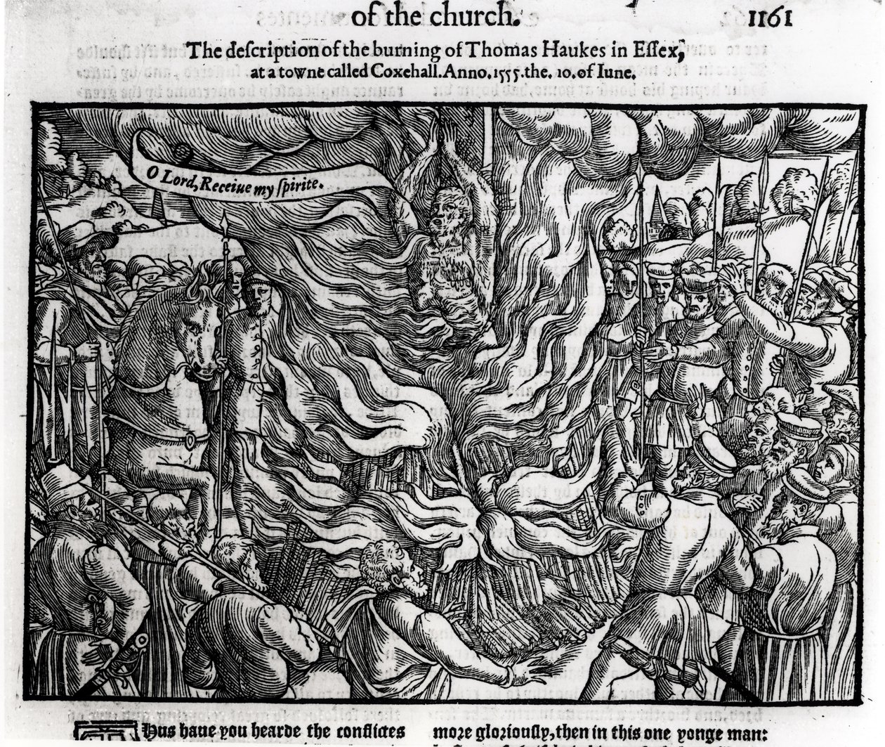 Thomas Haukes égése, 1555. június 10., John Foxe (1516-87) „Cselekedetek és emlékművek” című művéből, 1563 alkotó: English School