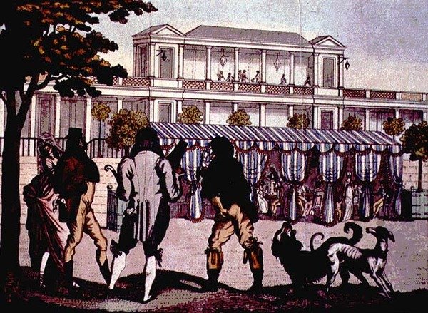 A Tuileriák kávéháza a Gazette Supreme Bon Ton című lapból (színes metszet) alkotó: English School