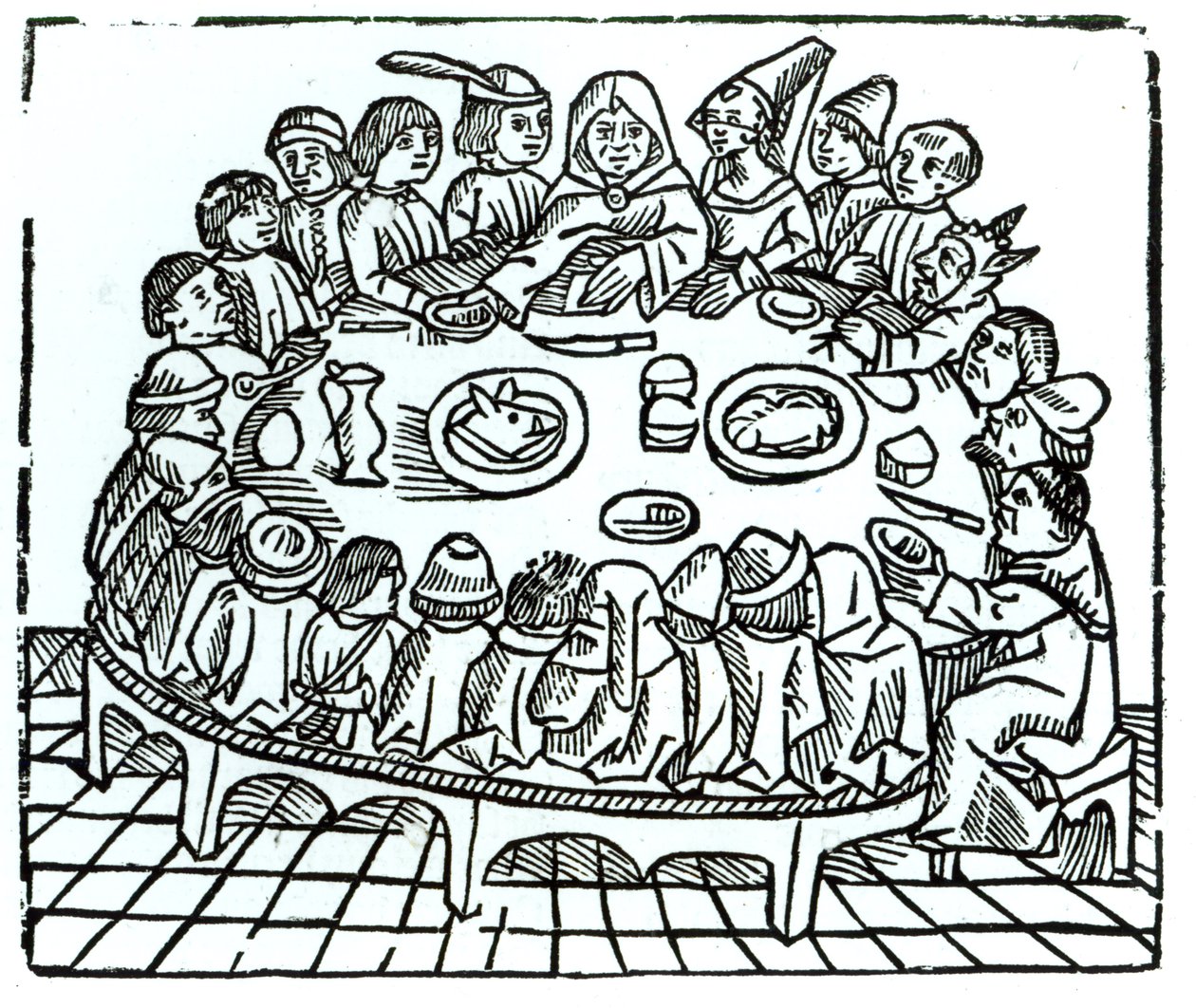 A Canterbury-i zarándokok közös étkezésre ülve, illusztráció Geoffrey Chaucer (1345-1400 körül) „Canterbury meséiből”, Wynkyn de Worde, 1485 körül alkotó: English School
