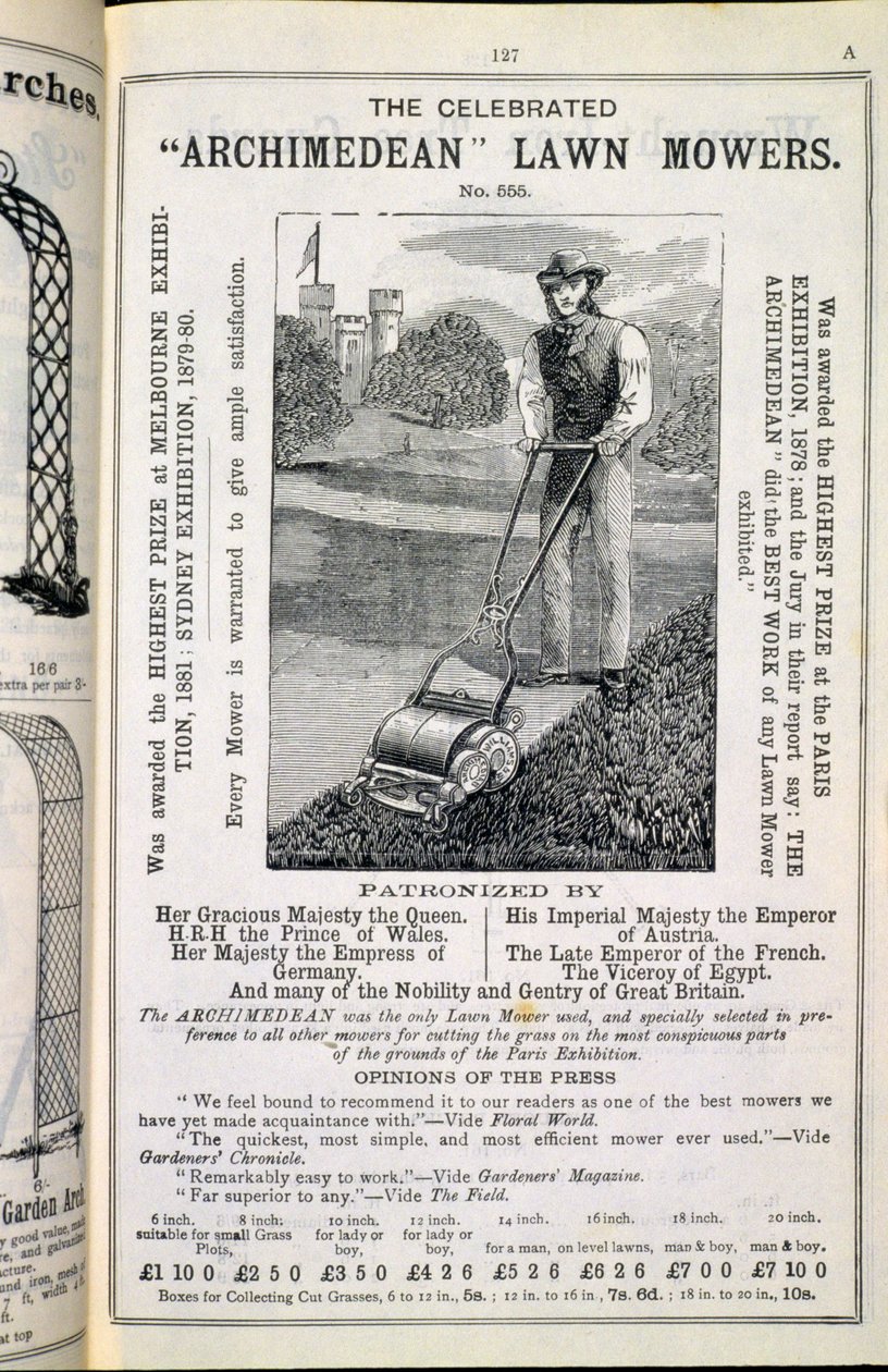 Az ünnepelt arkhimédeszi fűnyírók a kerti eszközök, kerti bútorok és kellékek új illusztrált katalógusából, kiadó: Wrinch & Sons, 1893 alkotó: English School