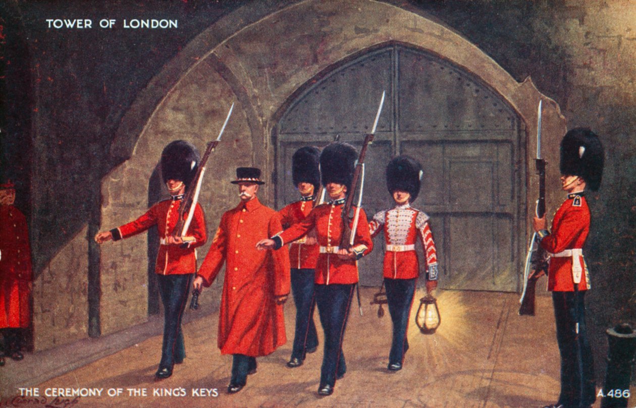 A királyi kulcsok szertartása, Tower of London (színes litográfia) alkotó: English School