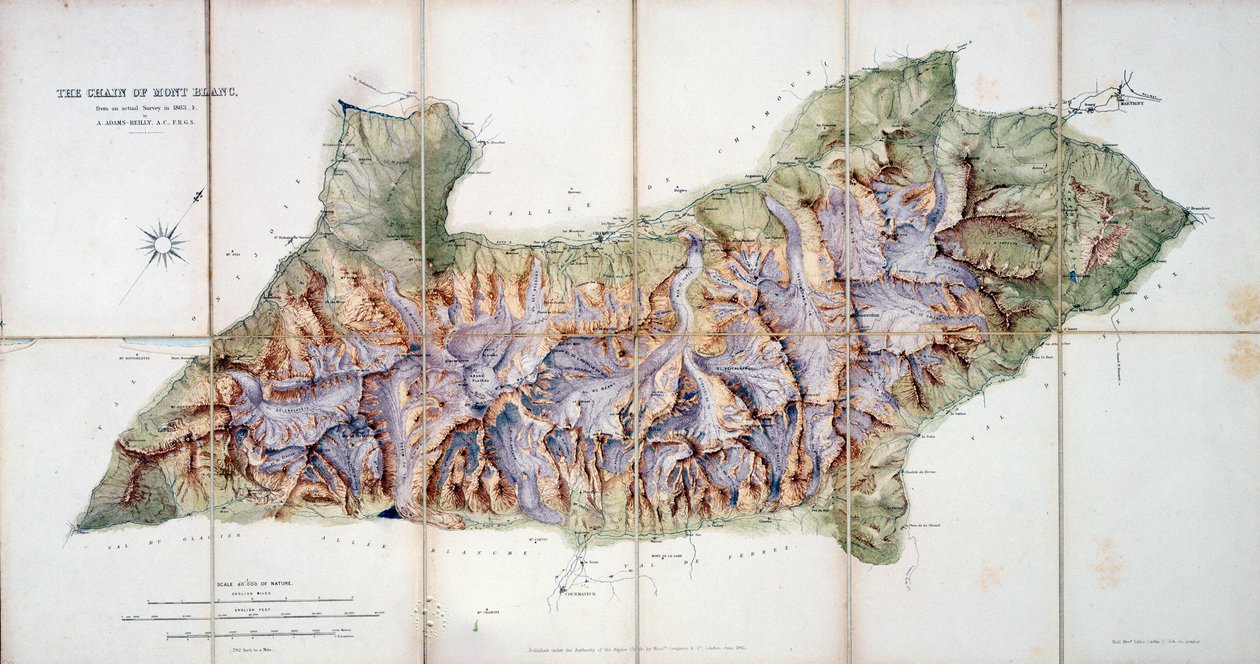 A Mont Blanc lánca, A. Adams Reilly 1863-as tényleges felméréséből, amelyet az A Record of Mountain Adventure and Scientific Observation for the Alpine Club, 1865-ben tettek közzé. alkotó: English School