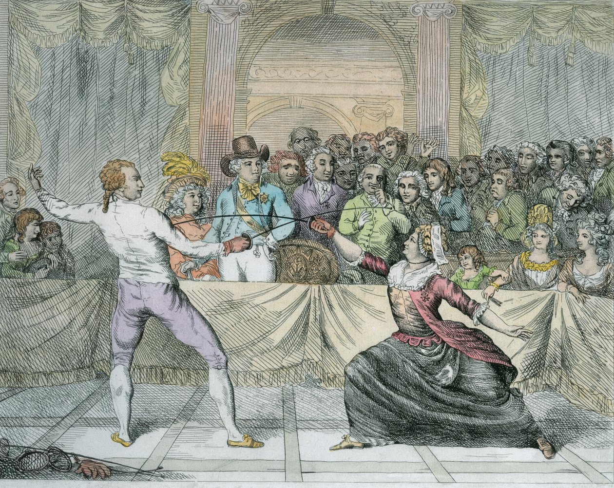 A Chevalier dEon nőnek öltözve vívómeccsben (későbbi színezés) alkotó: English School