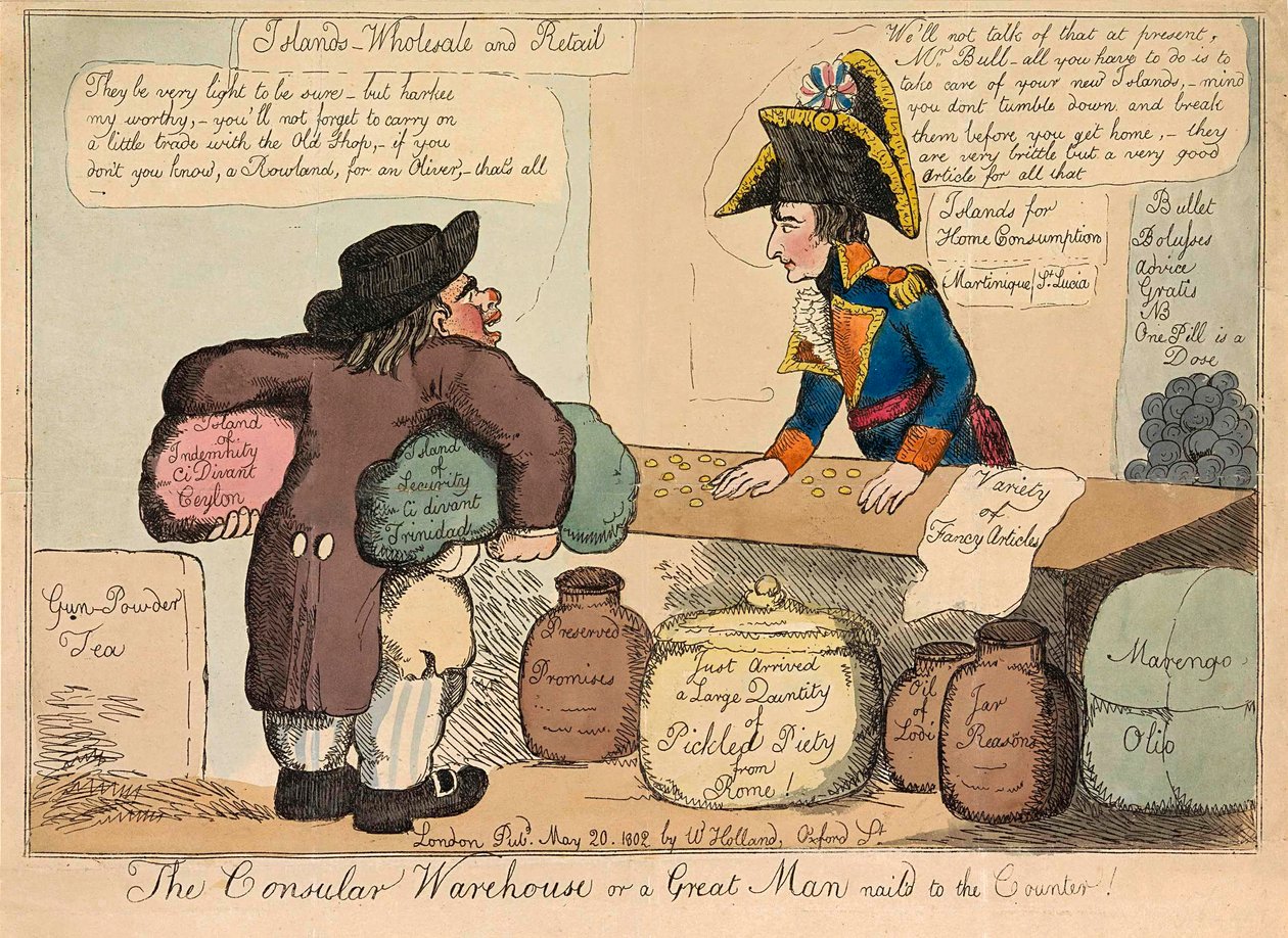 A konzuli raktár vagy egy nagy ember a pulthoz szegezve, kocsma. 1802-es kézzel színezett metszet. alkotó: English School