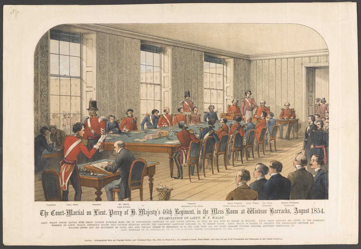 A hadbíróság hadnagyi hadnagy. Perry a H. Majesty 46. ezredéből, a Windsori laktanya étkezőjében, 1854. augusztus (színes litó) alkotó: English School