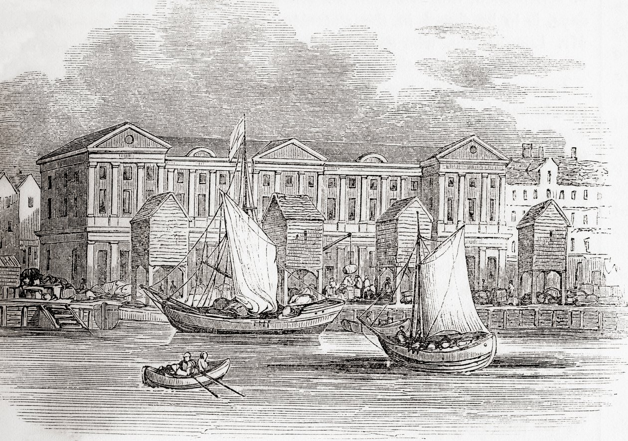 A Vámház, London, Anglia, ahogy a Nagy Tűz előtt megjelent, Ó-Angliából: Képi Múzeum, kocsma. 1847 alkotó: English School