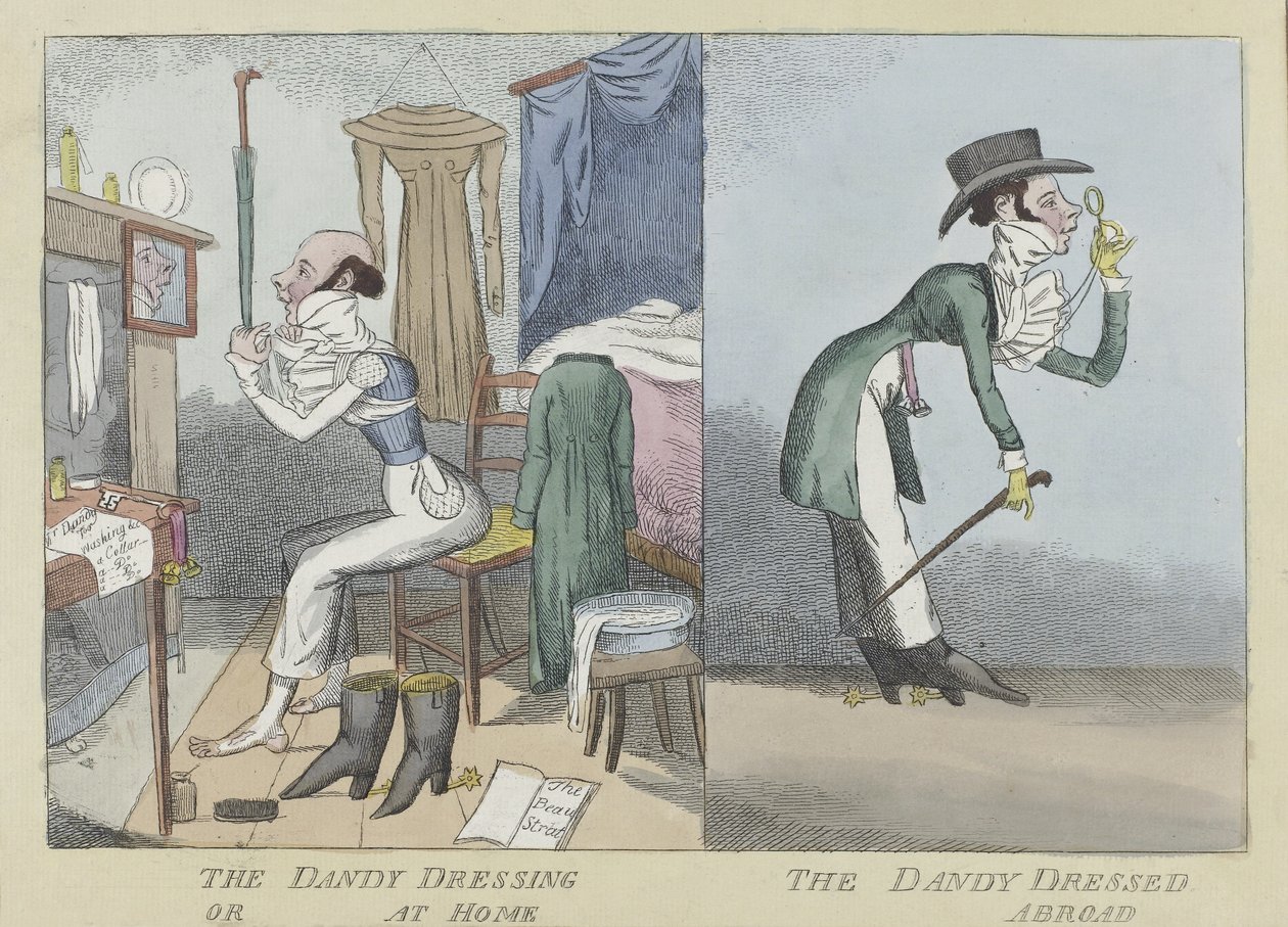 The Dandy Dressing or At Home, The Dandy Dressed Abroad, pub.c.1820 (kézzel színezett metszet) alkotó: English School