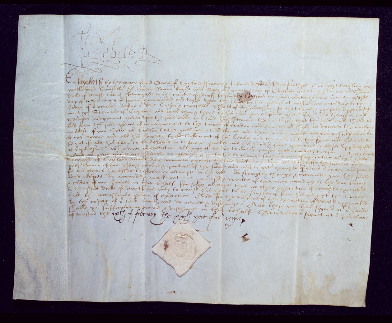 Thomas Howard, Norfolk 4. hercegének halálos ítélete, amelyet I. Erzsébet királynő írt alá, 1572 (tinta pergamen) alkotó: English School