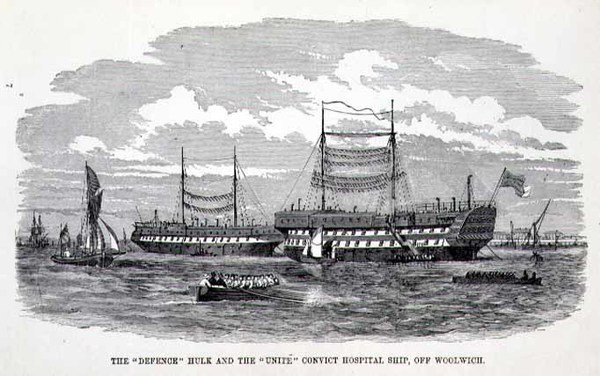 A „Defence” Hulk és a „Unite” Convict Hospital Ship, Woolwich mellett, Henry Mayhew (1812-87) és John Binny „A londoni bűnügyi börtönök és a börtönélet színterei” című művéből alkotó: English School