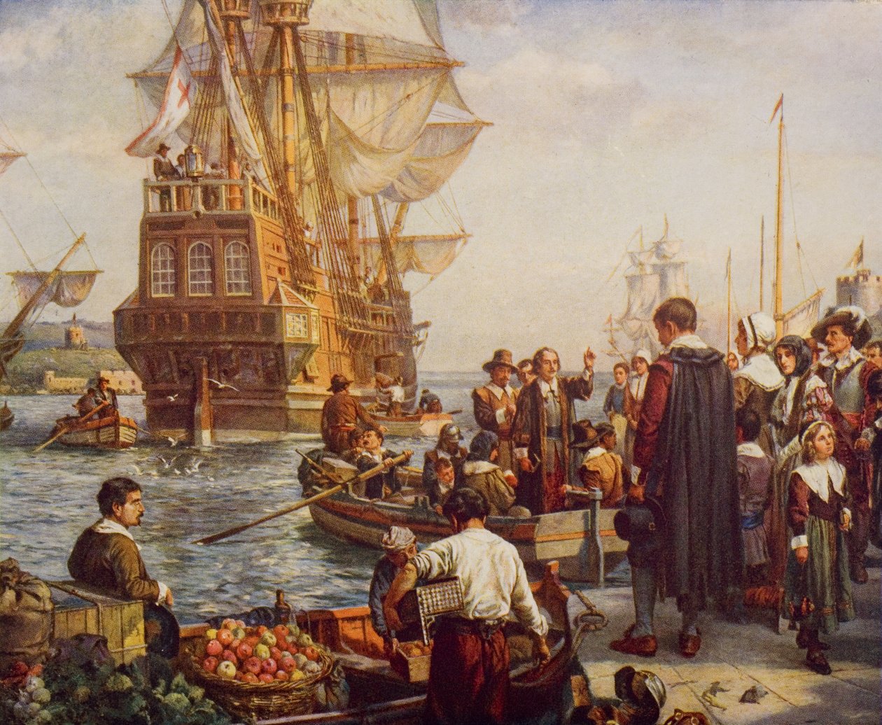 A zarándokatyák távozása 1620-ban, illusztráció H.G. Wells 1920-ban megjelent „A történelem vázlata” II. kötetéből alkotó: English School