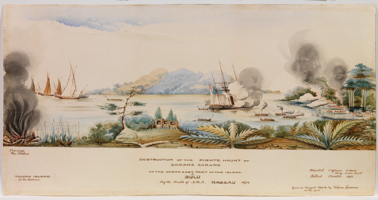 Carang Carang kalózkíséretének elpusztítása Sulu szigetének északkeleti részén a H.M.S. hajói által Nassau 1872-ben alkotó: English School