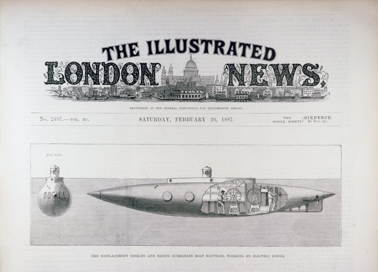 Az elmozdulásban süllyedő és felemelkedő Nautilus tengeralattjáró, elektromos árammal működik, a The Illustrated London Newsból, 1887. február 26. alkotó: English School