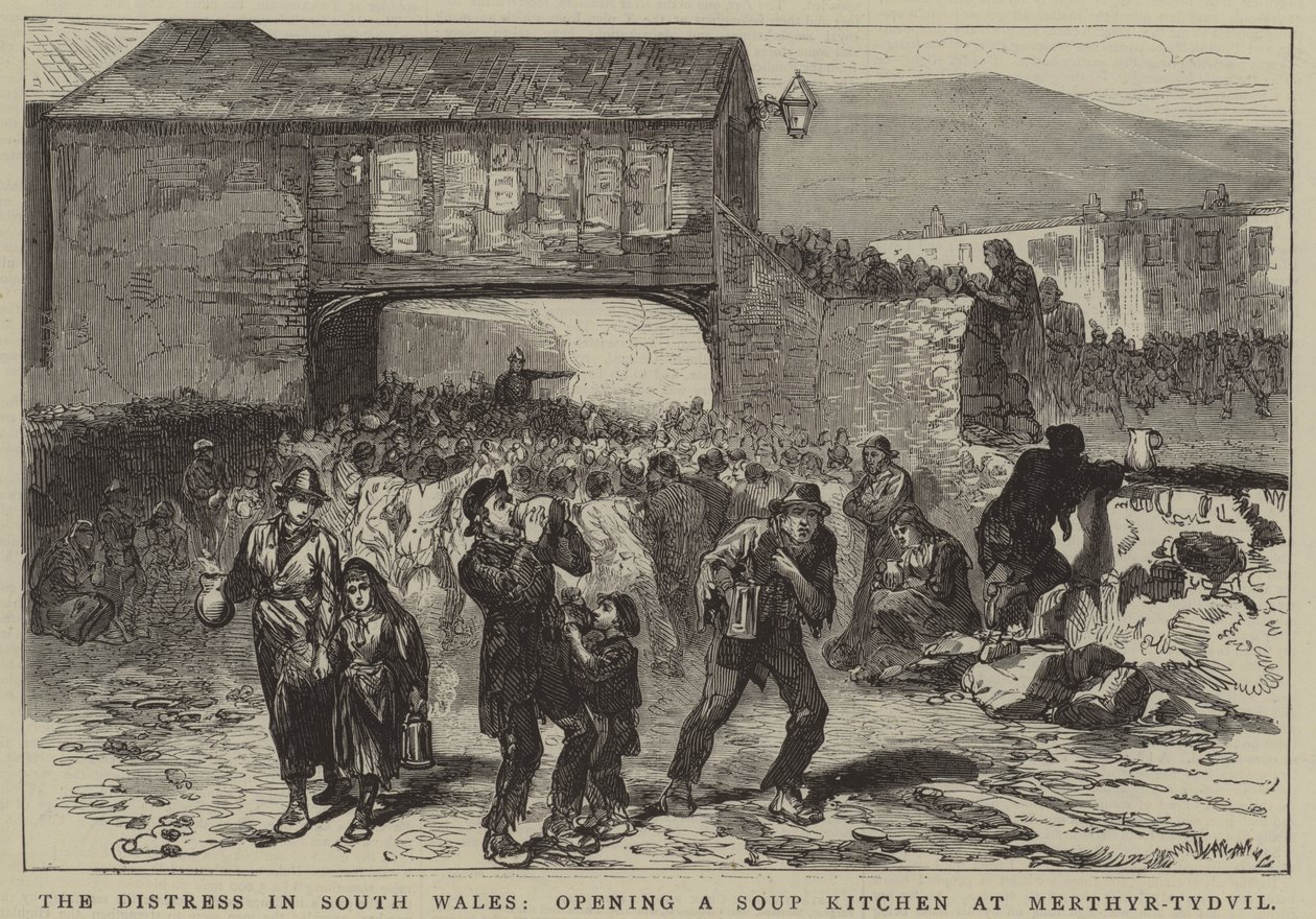 A dél-walesi nyomorúság, egy ingyenkonyha megnyitása Merthyr-Tydvilben (metszet) alkotó: English School